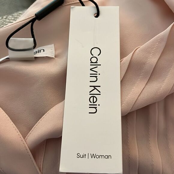 Calvin Klein Pleated Split V Neck Cap Flutter Sleeve Blush Color Blouse - Picture 7 of 8